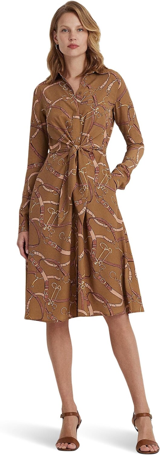 

Платье-рубашка из крепа с поясом и завязками спереди LAUREN Ralph Lauren, цвет Camel Multi