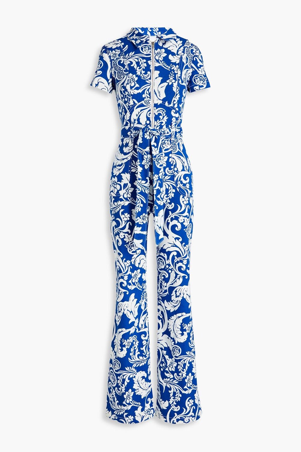 

Великолепный джинсовый комбинезон широкого кроя с поясом и принтом. Alice + Olivia, синий