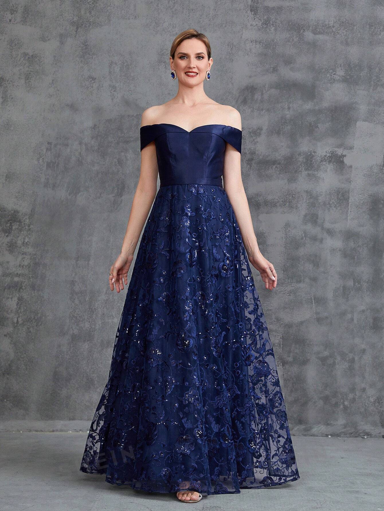 Женское вечернее платье с атласной вышивкой и открытыми плечами, темно-синий