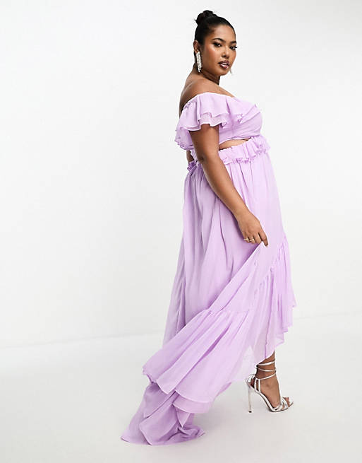 

Сиреневое платье макси с открытыми плечами и высоким низким подолом ASOS DESIGN Curve, Фиолетовый