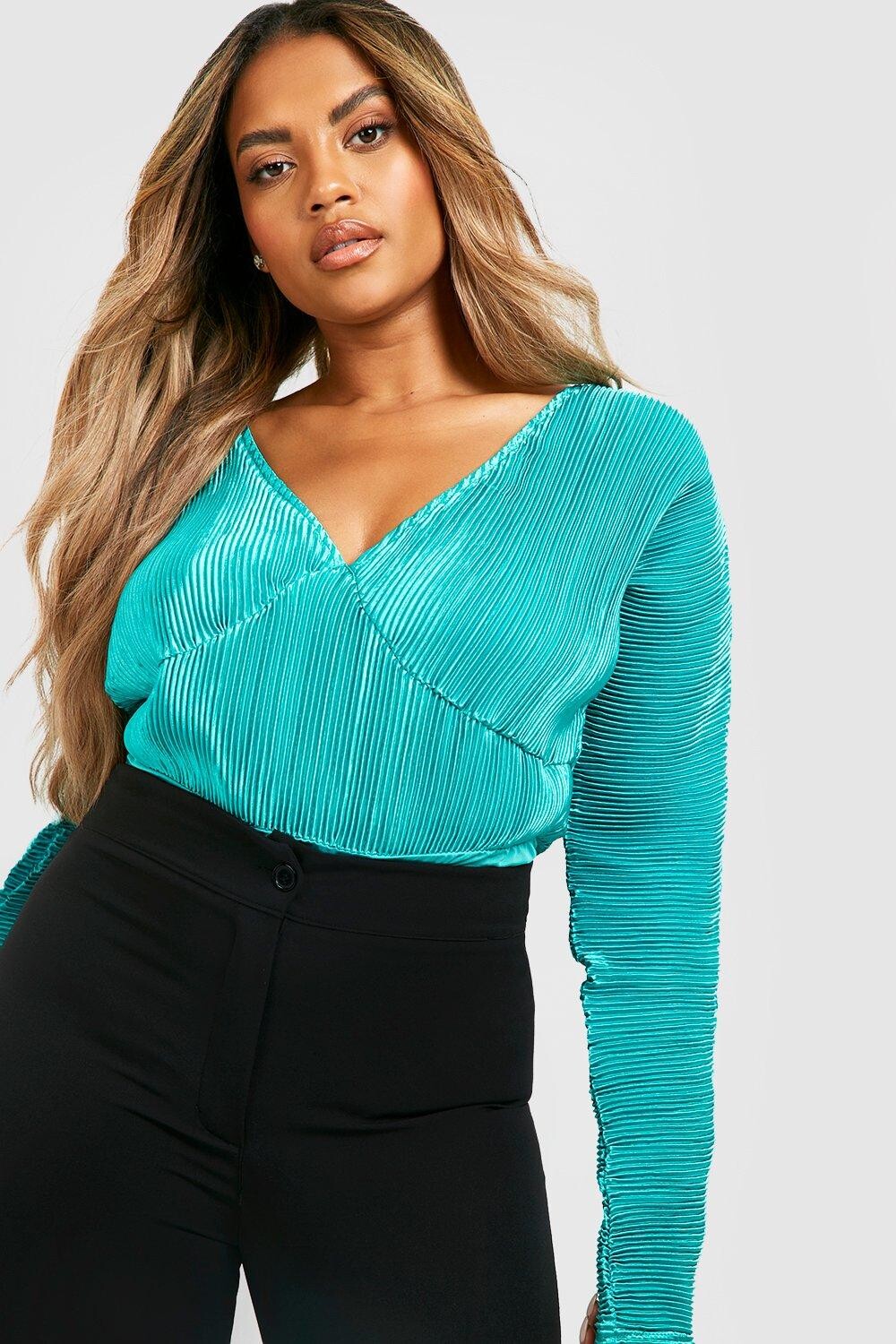 

Боди plus из атласа с плиссом и завязками на спине Boohoo, бирюзовый