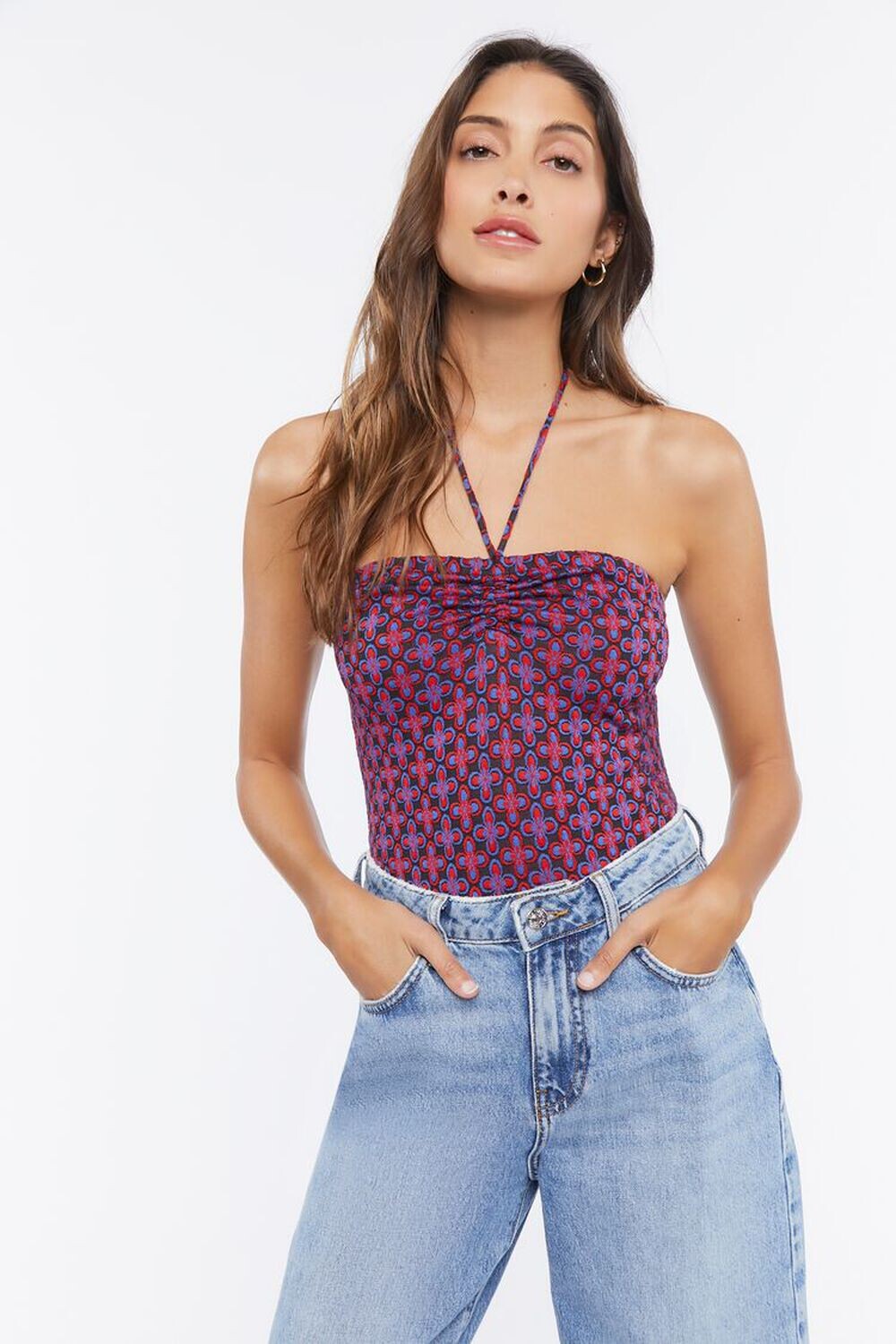 

Боди с бретелькой на бретельках и цветочным принтом Geo Forever 21, черный