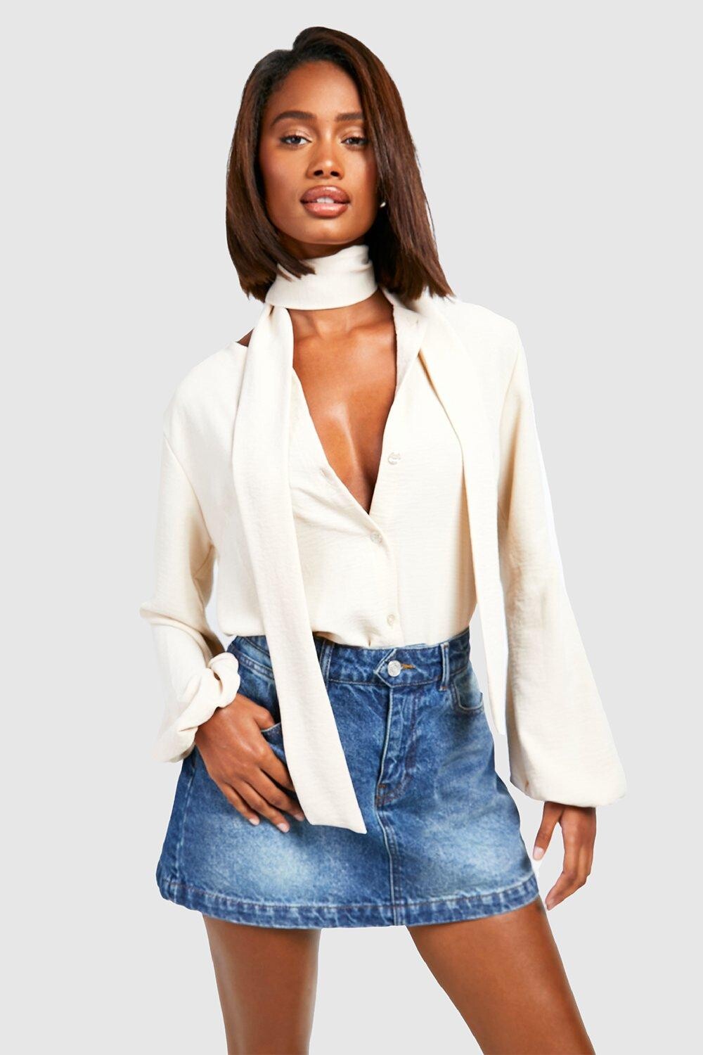 

Блузка свободного кронса и галстуком на шее Boohoo, кремовый