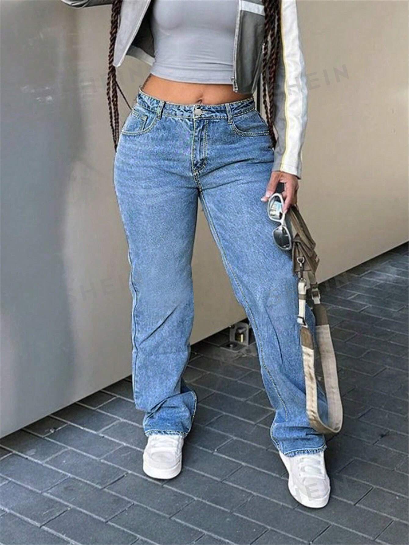 Женские прямые джинсы с карманами, средняя стирка фото