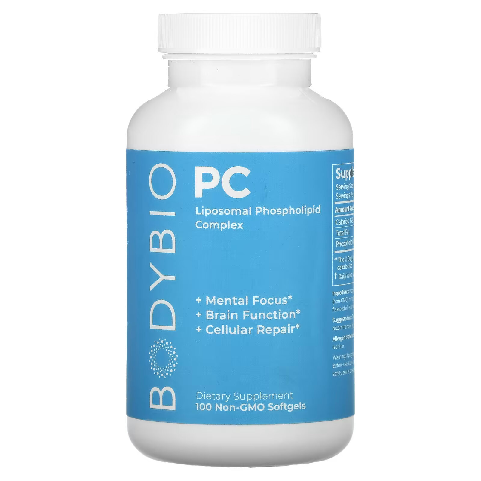 BodyBio, фосфатидилхолин, липосомальный фосфолипидный комплекс, 100 капсул без ГМО