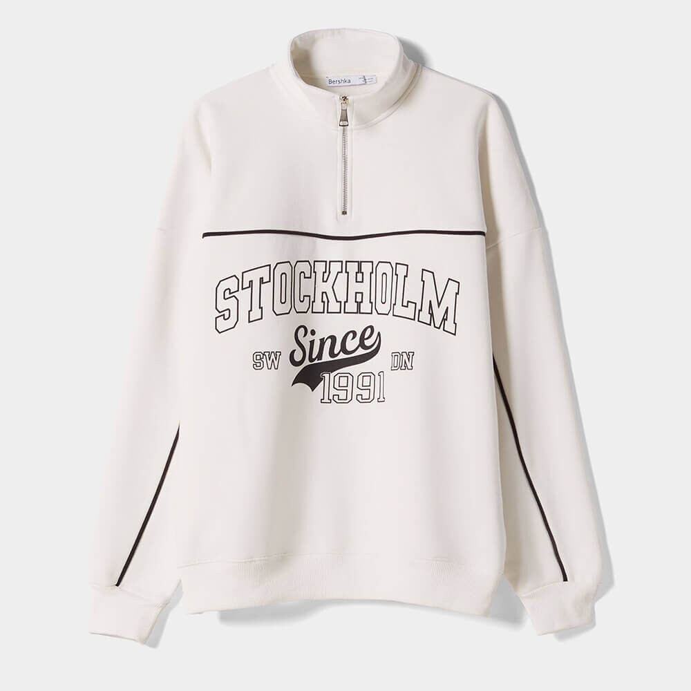 

Свитшот Bershka High Neck Zip With Print, белый