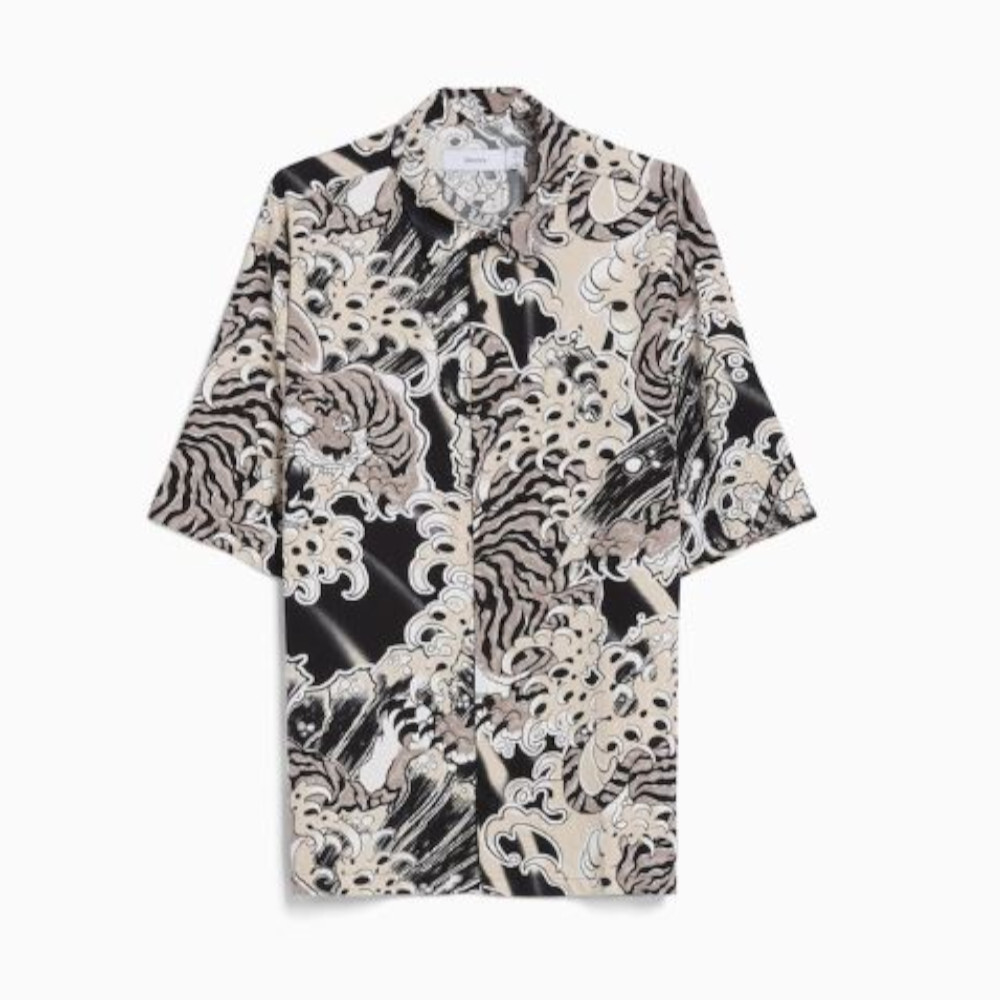

Рубашка с короткими рукавами и принтом Bershka Printed Short Sleeve, черный/бежевый