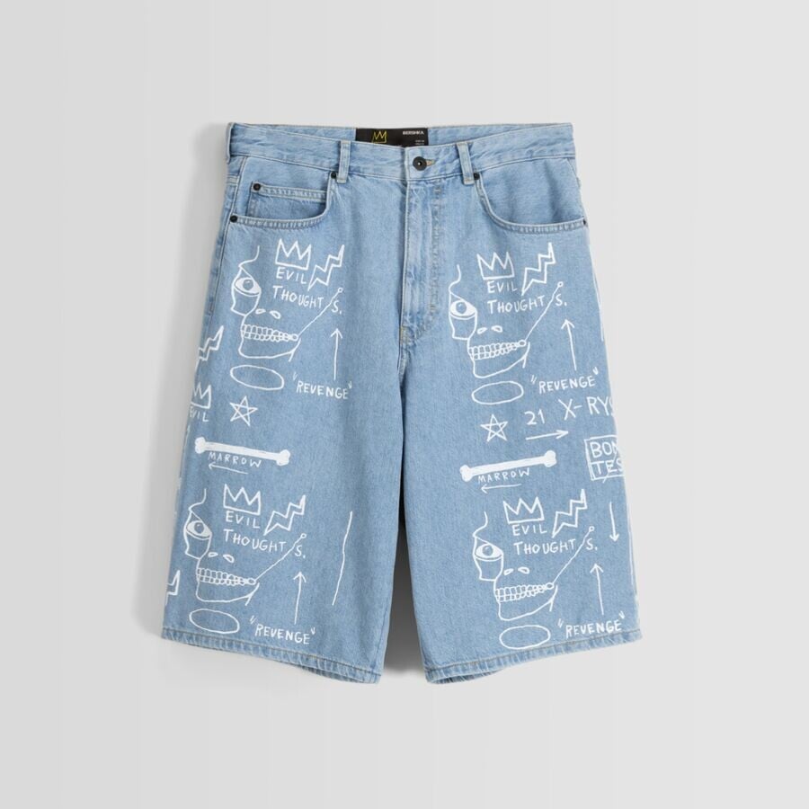 

Джинсовые шорты Bershka Jean-michel Basquiat Print Bermuda, голубой