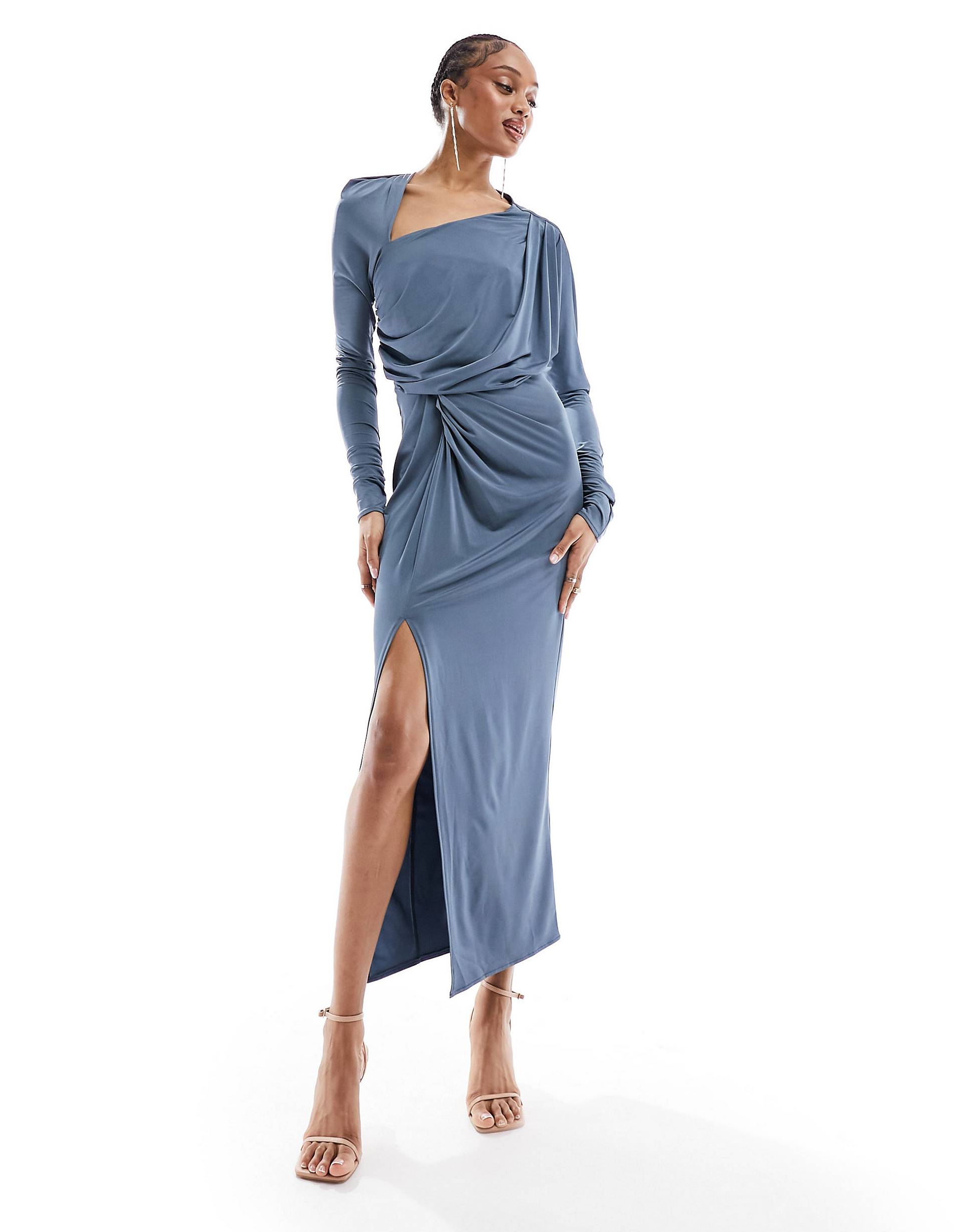 Платье миди Asos Design Tall Asymmetric Ruched Knot Pencil, синий