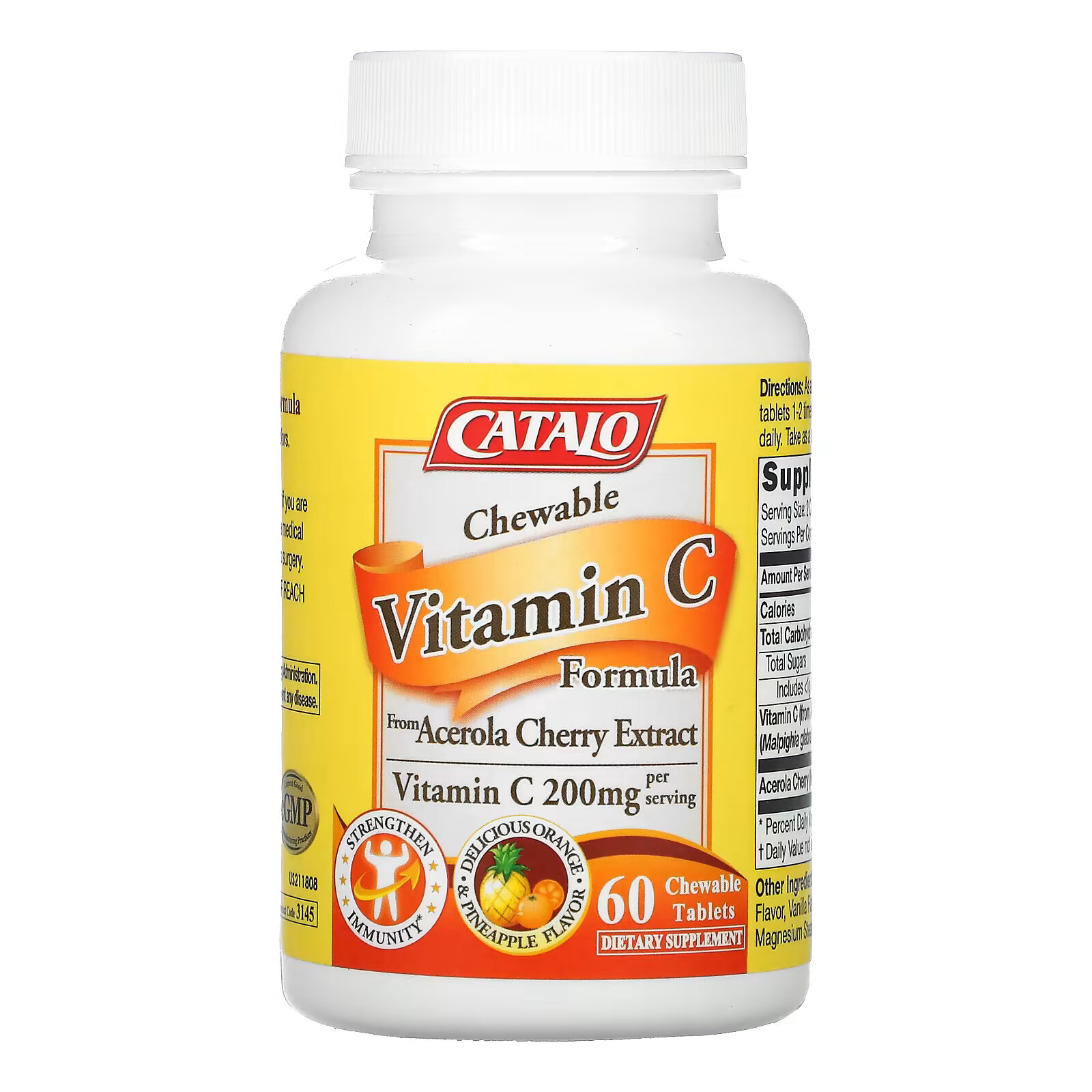 Витамин C со вкусом апельсина и ананаса Catalo Naturals 100 мг, 60 жевательных таблеток sundown naturals жевательный витамин b12 со вкусом малины ягод и апельсина 250 мкг 150 жевательных таблеток