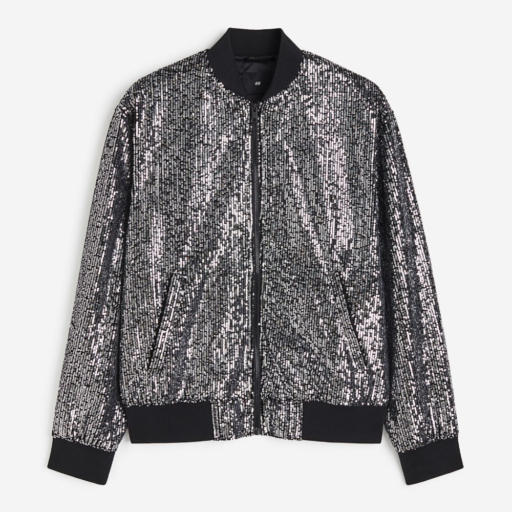 

Куртка-бомбер H&M Regular Fit Sequined, черный/серебристый