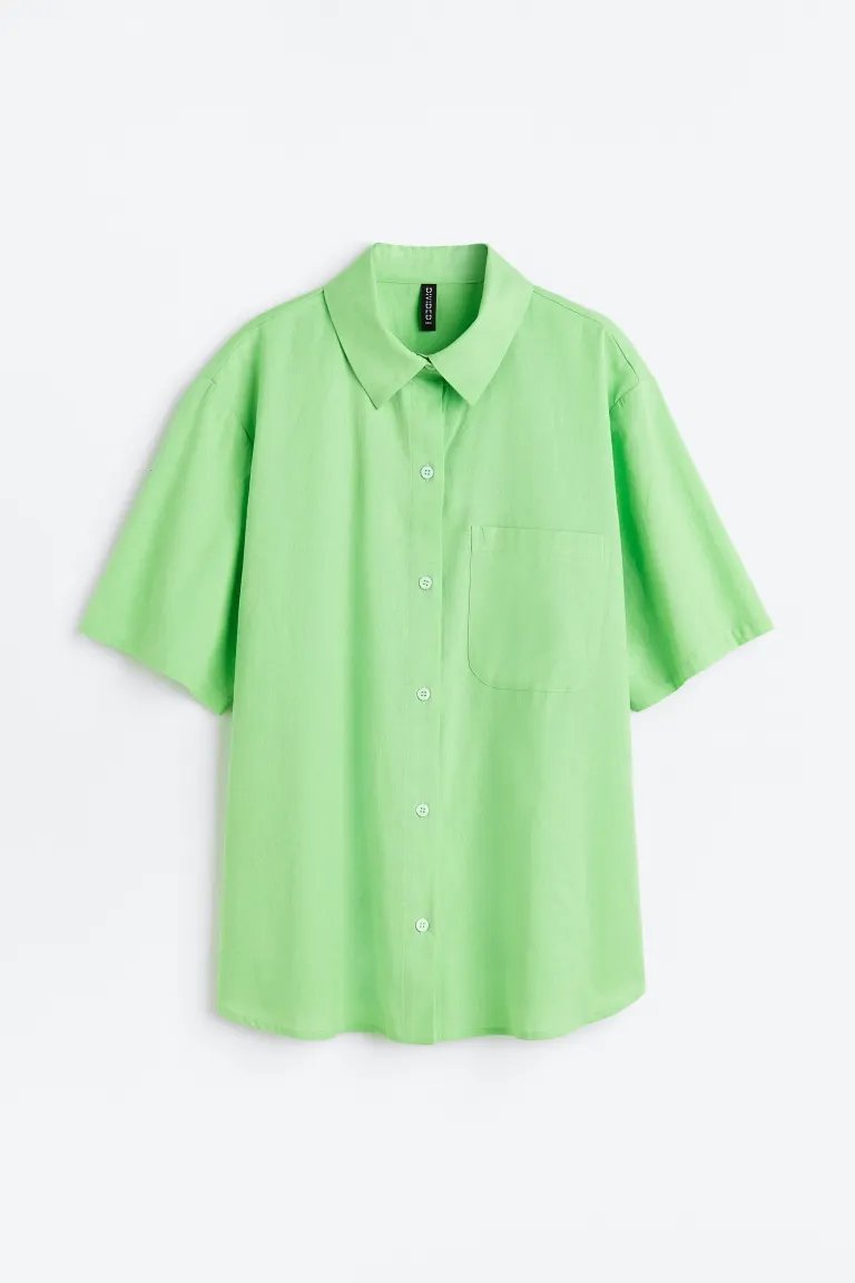Рубашка H&M Short-sleeved Linen-blend, зелёный рубашка uniqlo linen blend open collar short sleeved хаки