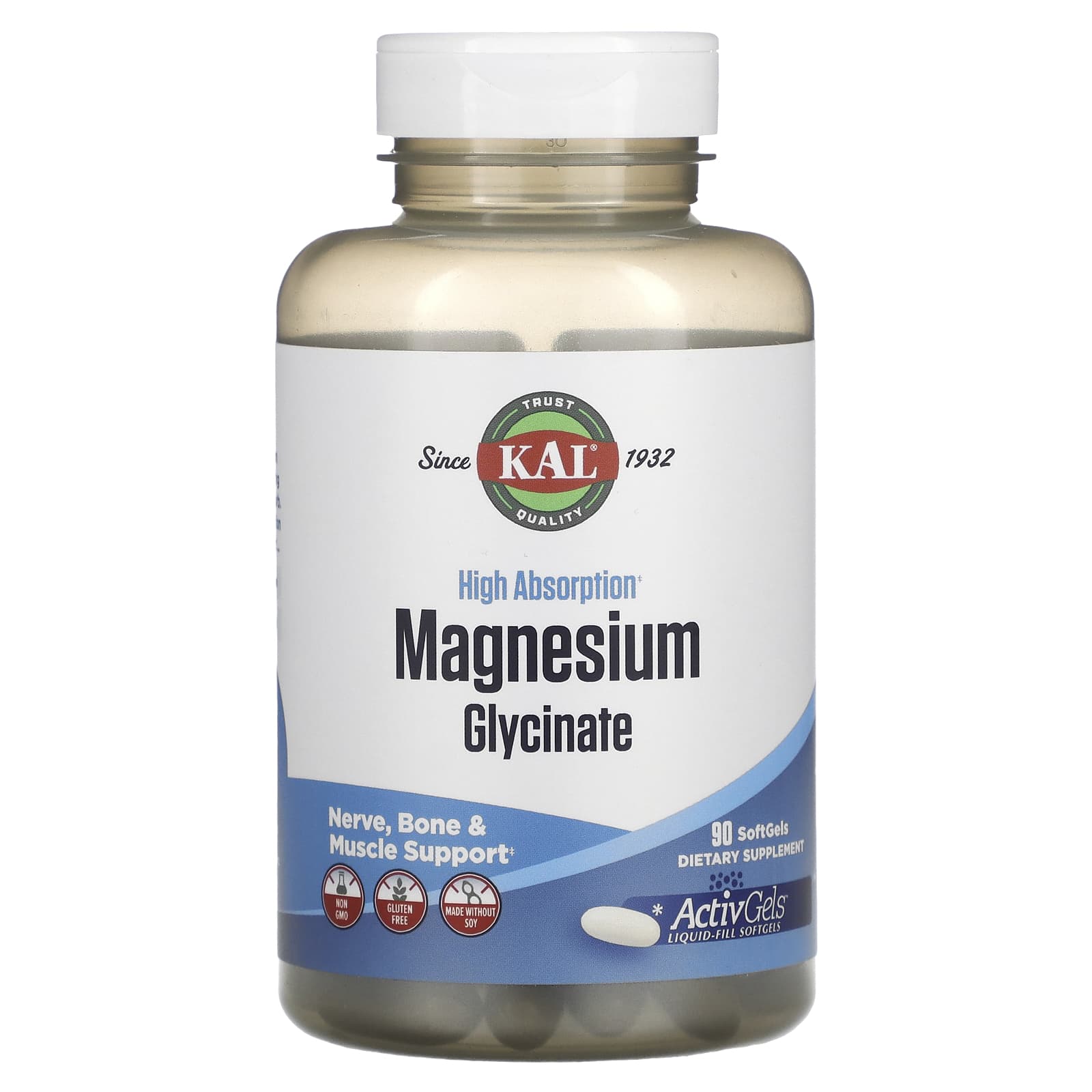Глицинат магния с высокой абсорбцией, 90 мягких таблеток KAL kal глицинат магния с высокой абсорбцией 350 160 вегетарианских капсул
