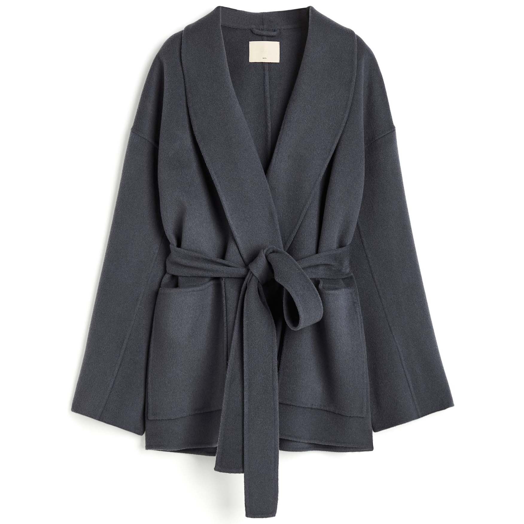 Пальто H&M Tie-belt Wool, темно-серый пальто из ягненка новое зимнее пальто женское короткое флисовое пальто с мягким воротником спереди и сзади