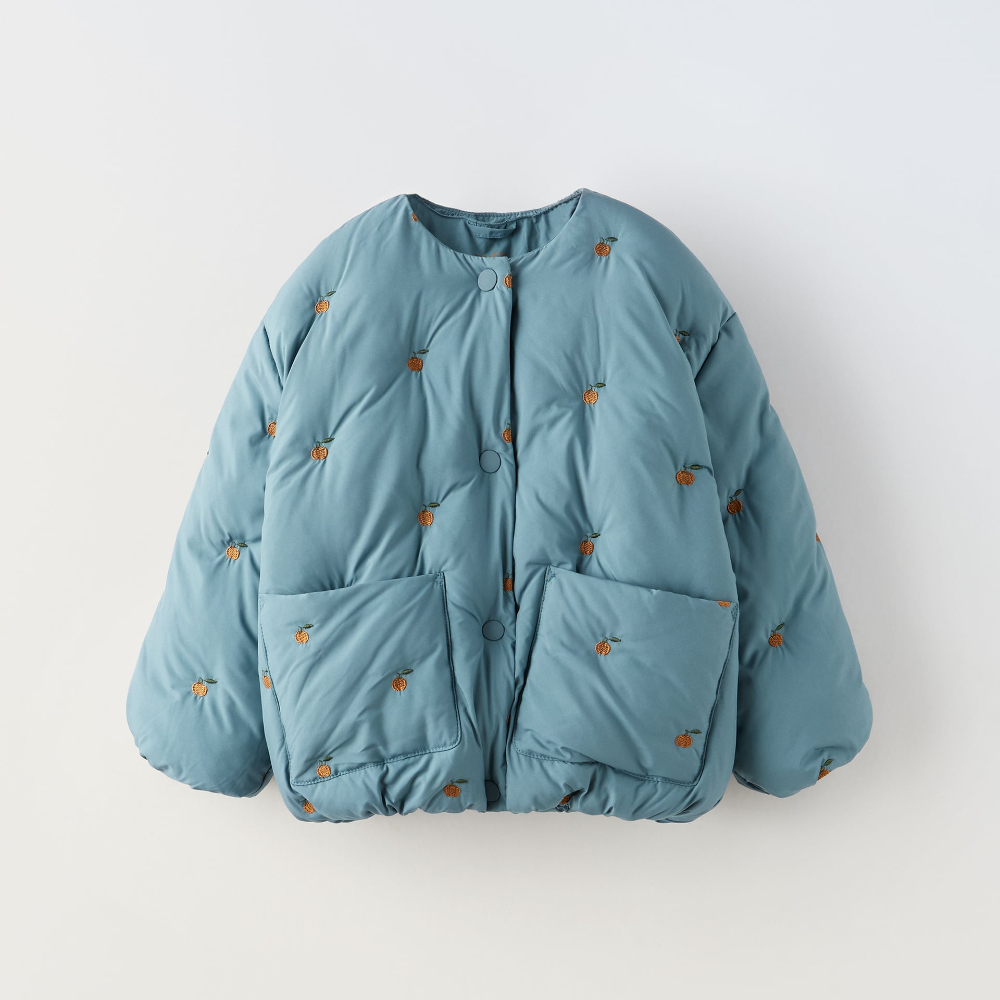 Куртка Zara Embroidered Puffer, синий куртка zara shiny puffer тёмно синий