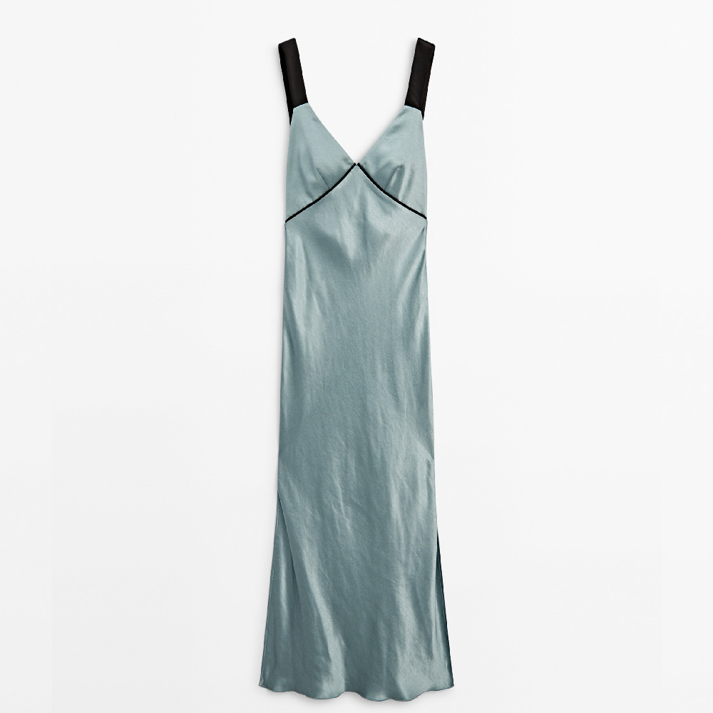 Платье Massimo Dutti Satin With Contrast Details - Studio, голубовато-зеленый женское вечернее платье русалка lowime зеленое платье в мусульманском стиле с длинным рукавом и v образным вырезом элегантное атласное плать