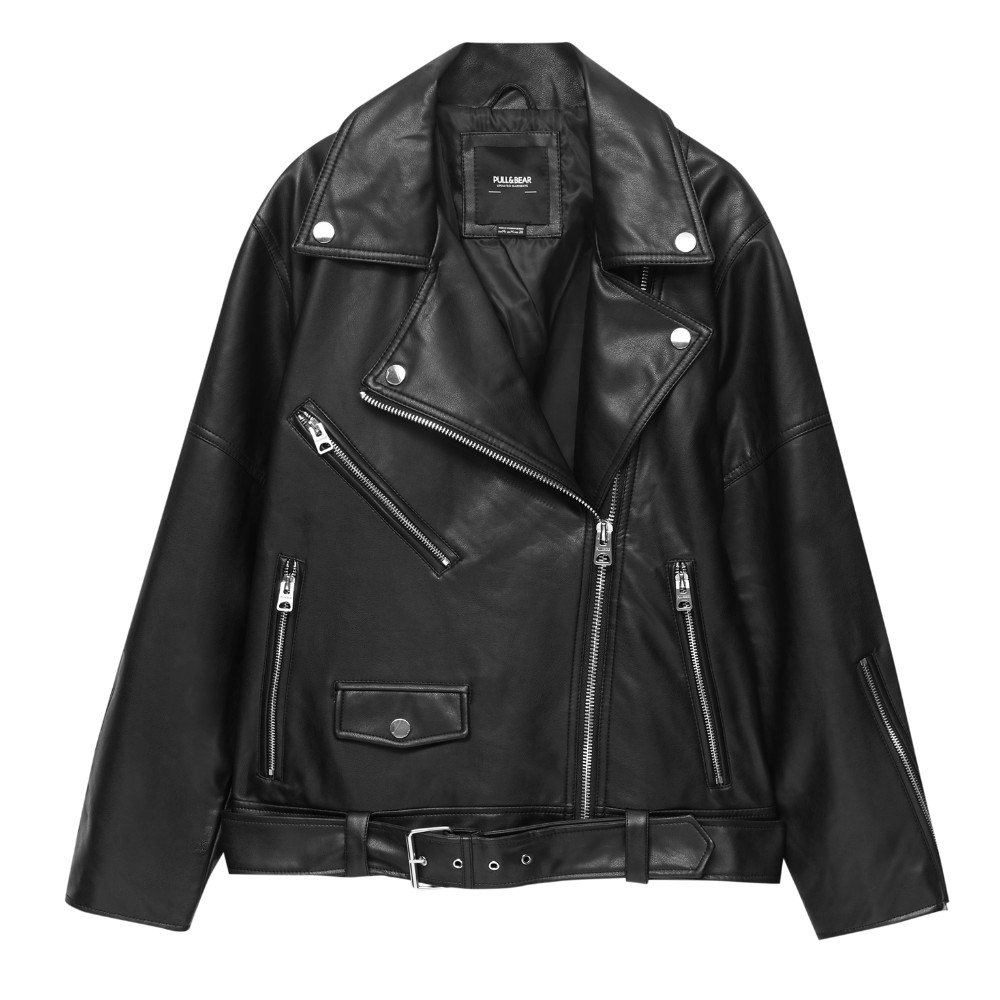 женская винтажная байкерская куртка из пу кожи с карманами Куртка Pull&Bear Oversize Faux Leather Biker, черный