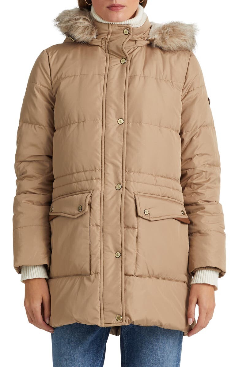 

Пуховик с отделкой искусственным мехом и перьями LAUREN RALPH LAUREN