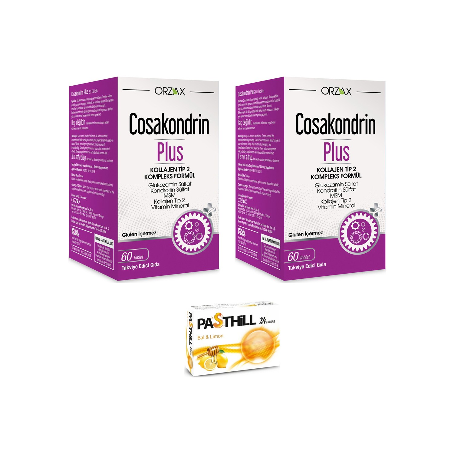 Пищевая добавка Orzax Cosakondrin Plus, 2 упаковки по 60 таблеток + Пастилки Pasthill со вкусом меда и лимона, 2 упаковки