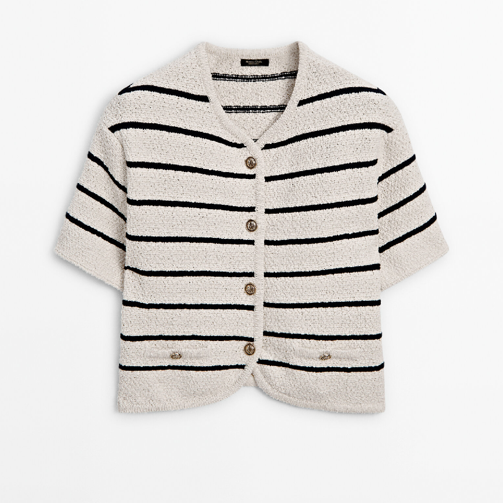Кардиган Massimo Dutti Striped Short Sleeve Textured Knit, кремовый футболка в полоску v образный вырез xs белый