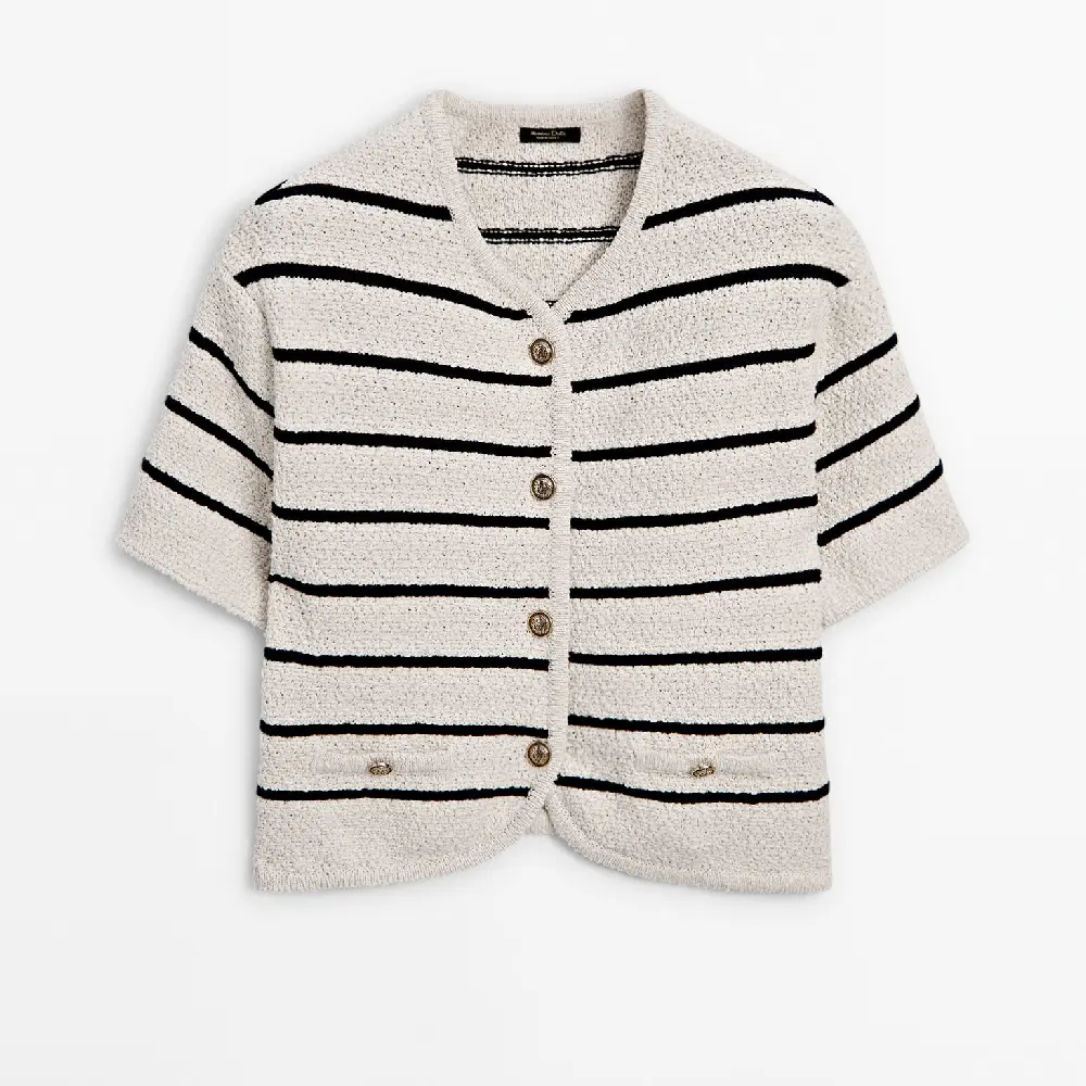 кардиган zara textured knit кремовый Кардиган Massimo Dutti Striped Short Sleeve Textured Knit, кремовый