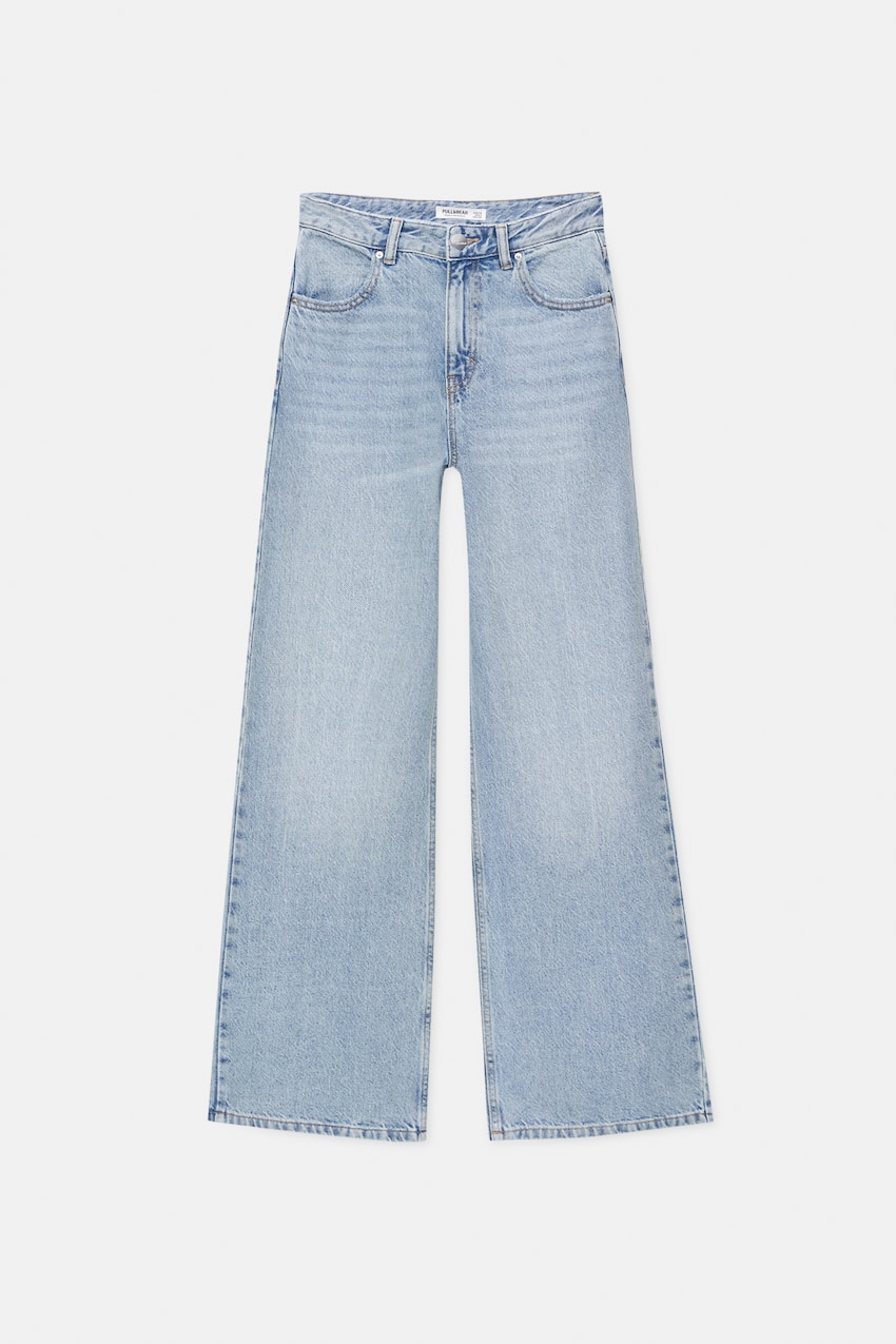 Широкие джинсы с высокой посадкой Pull&Bear, средне-синий