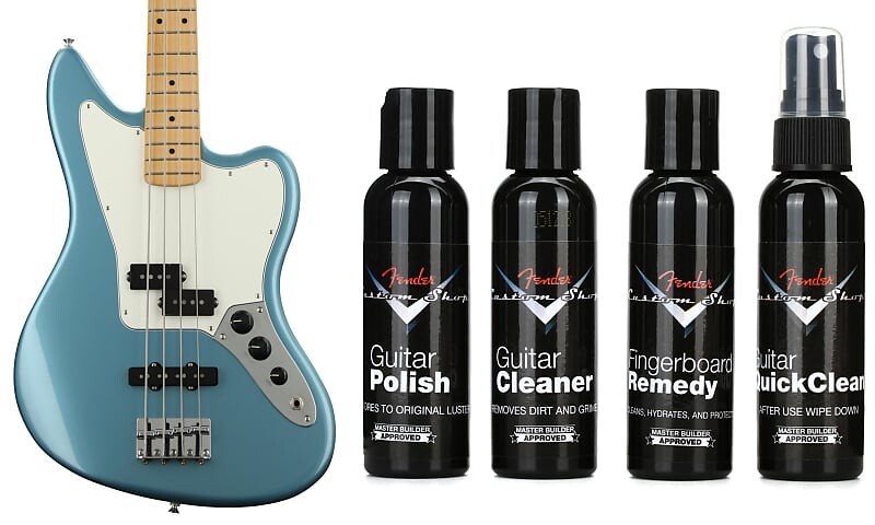 

Fender Player Jaguar Bass - Tidepool с кленовой накладкой на гриф в комплекте с Fender Custom Shop Deluxe Guitar Care System - 4-Pack 0149302513=1 0990539000=1