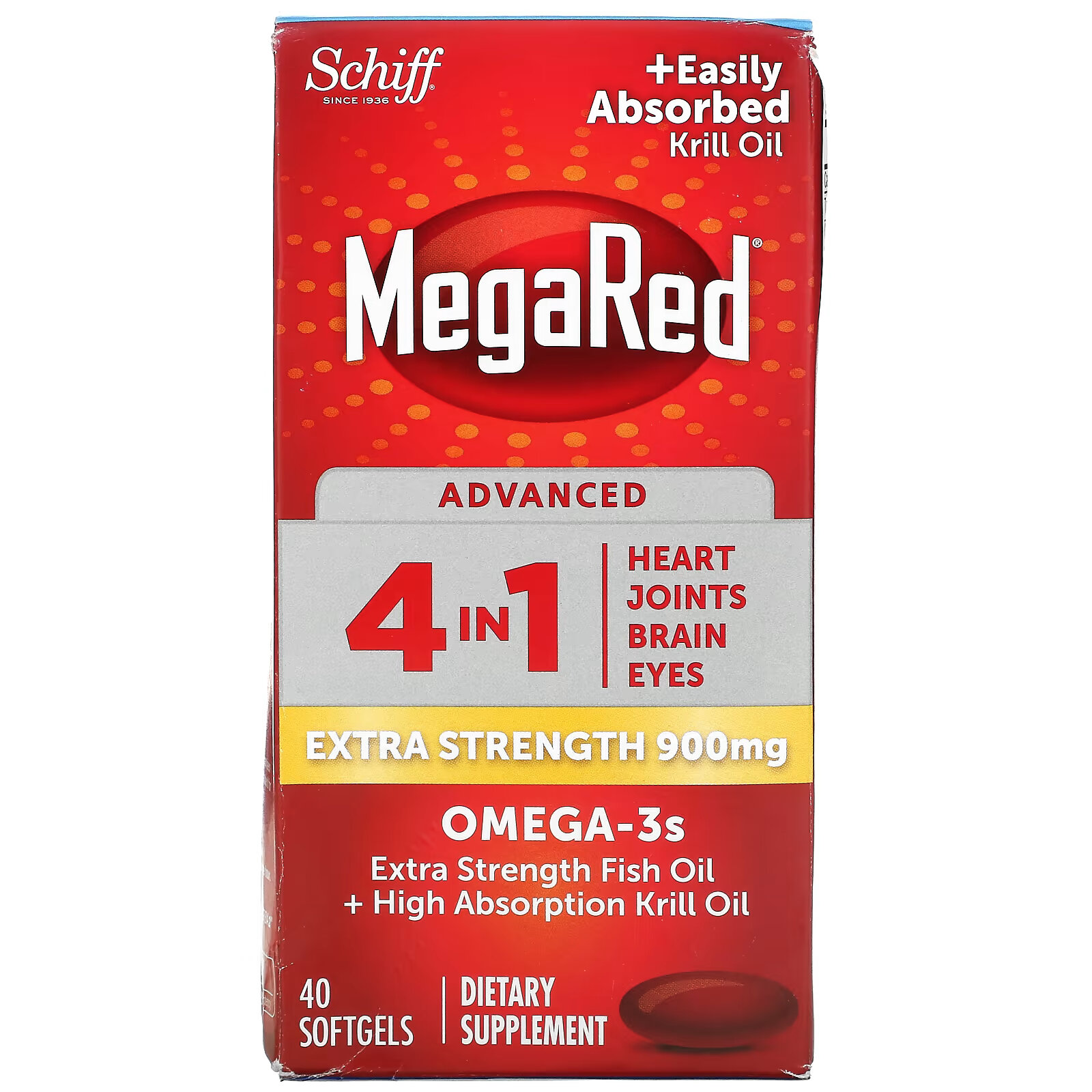 Schiff, MegaRed, улучшенные омега-3 кислоты 4 в 1, повышенная сила действия, 900 мг, 40 мягких таблеток schiff megared улучшенный продукт 4 в 1 500 мг 80 мягких таблеток