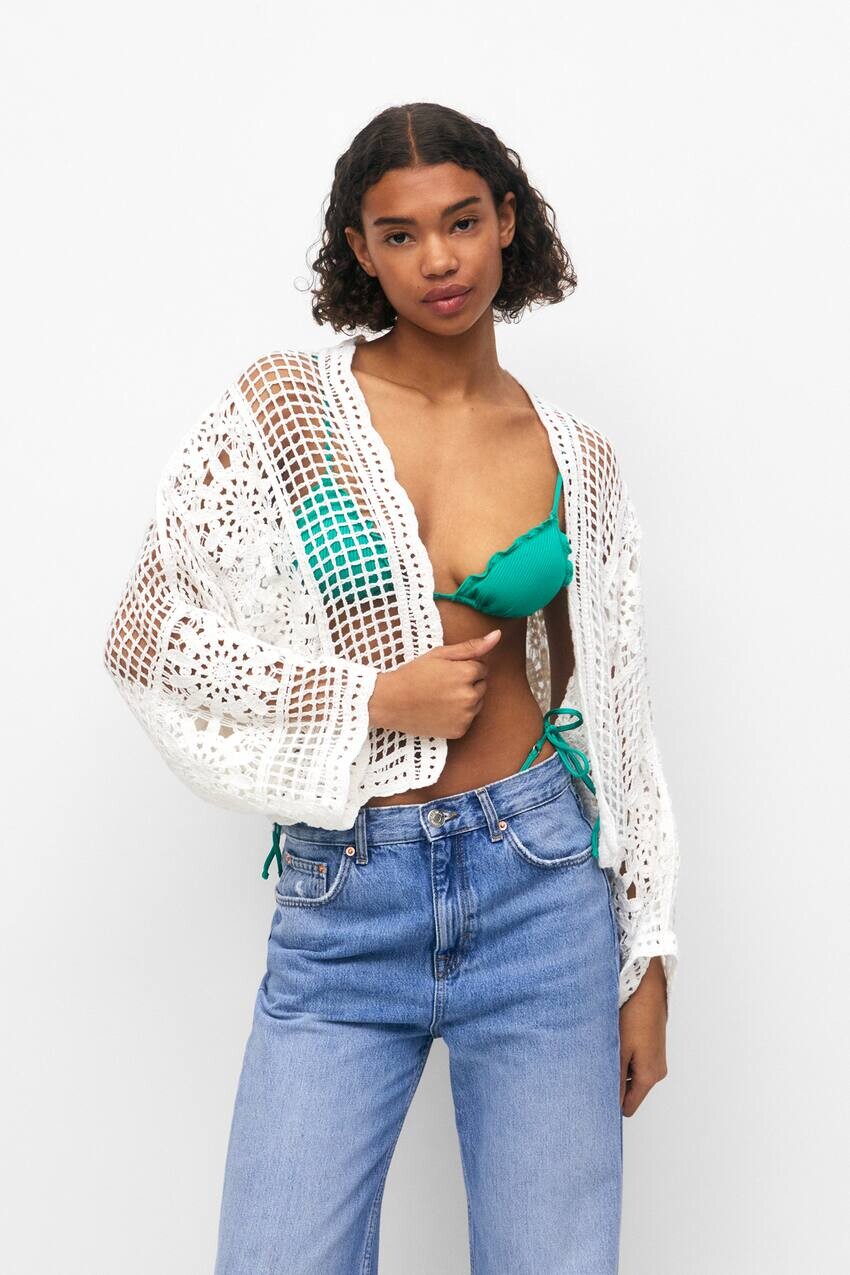 

Кимоно ажурной вязки крючком Pull&Bear, экрю