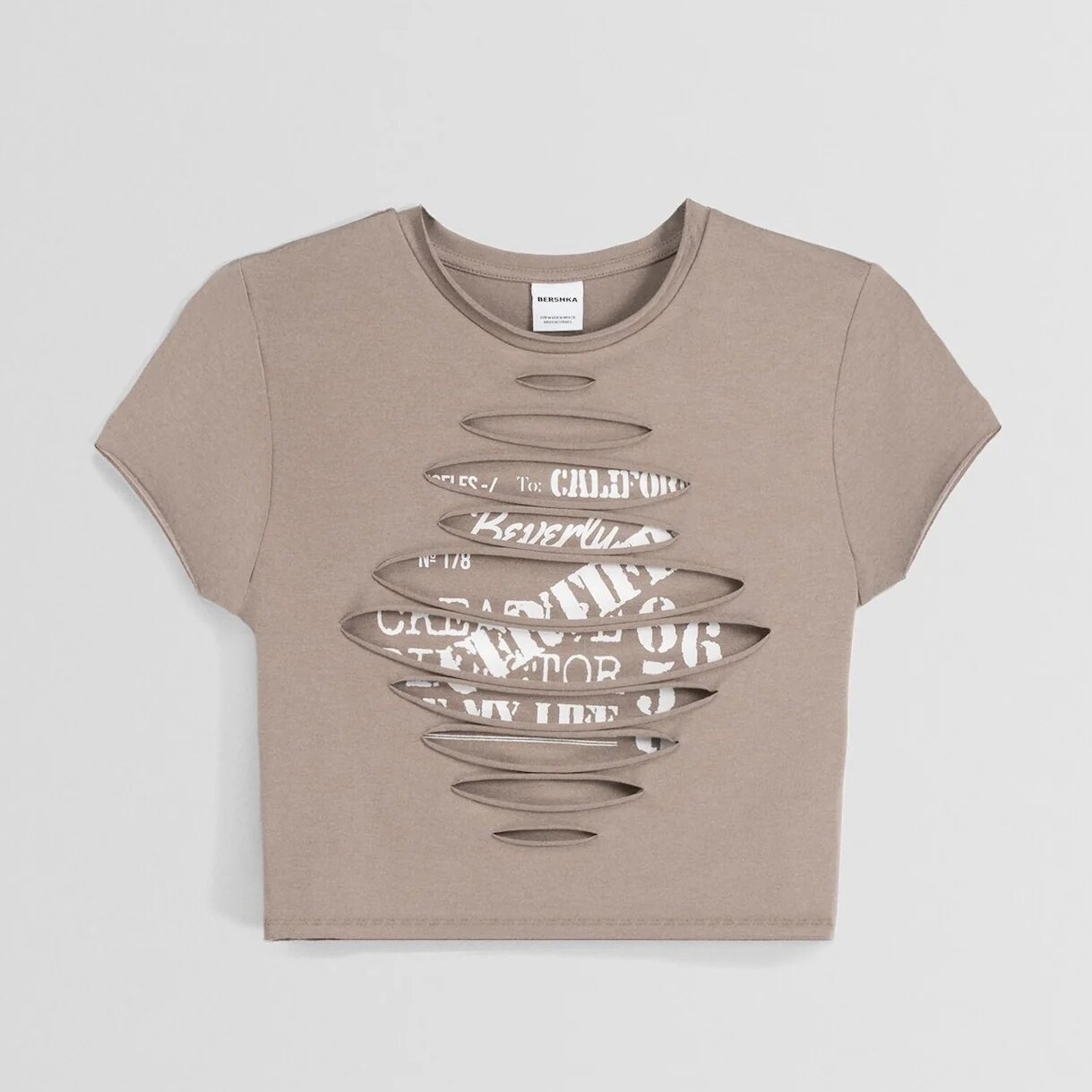 

Топ Bershka Double-layer Short Sleeve With Stitching And Print, бежевый