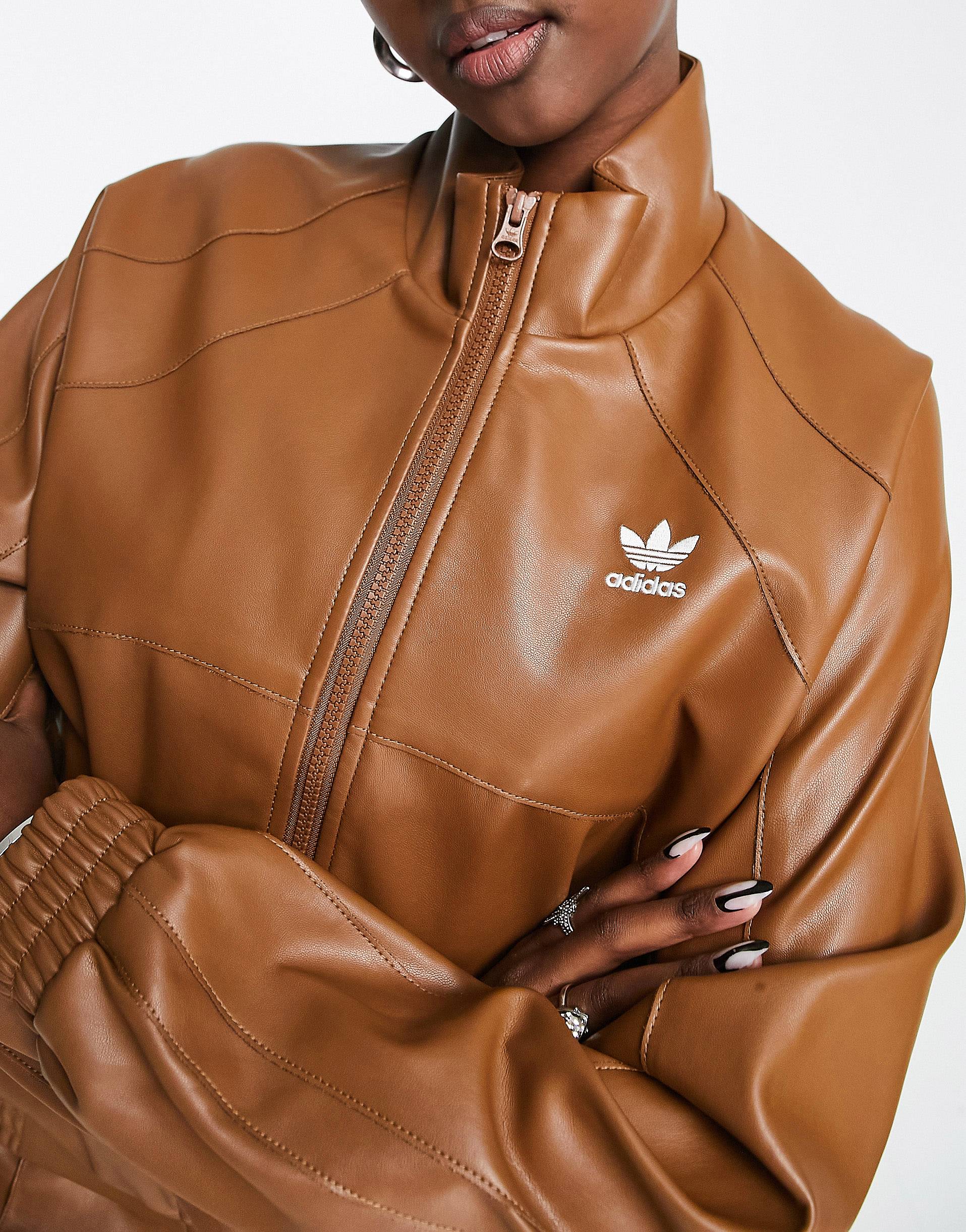 Adidas Originals 'centre Stage' Faux Leather Jacket In Brown