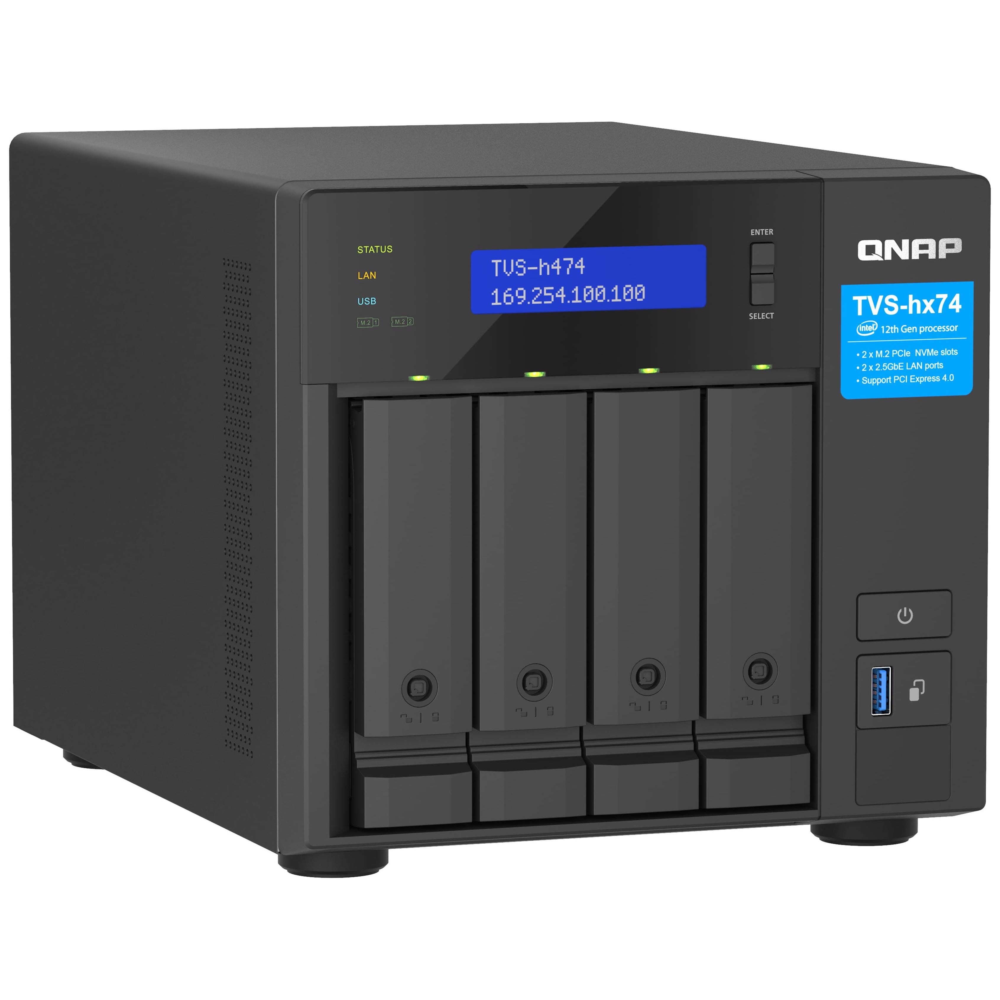 Сетевое хранилище QNAP TVS-h474, 4 отсека, 8Гб DDR4, без дисков, черный сетевое хранилище без дисков qnap tvs 675 8g