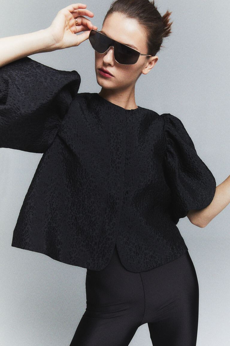 

Жаккардовая блуза с пышными рукавами H&M, черный