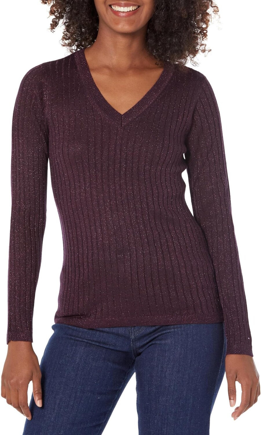 

Свитер в рубчик с люрексом и V-образным вырезом Tommy Hilfiger, цвет Aubergine