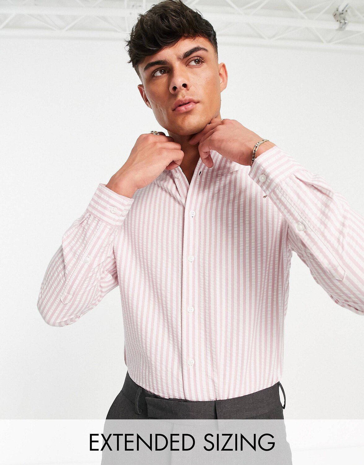 

Розовая рубашка в классическую полоску из ткани сирсакер ASOS DESIGN