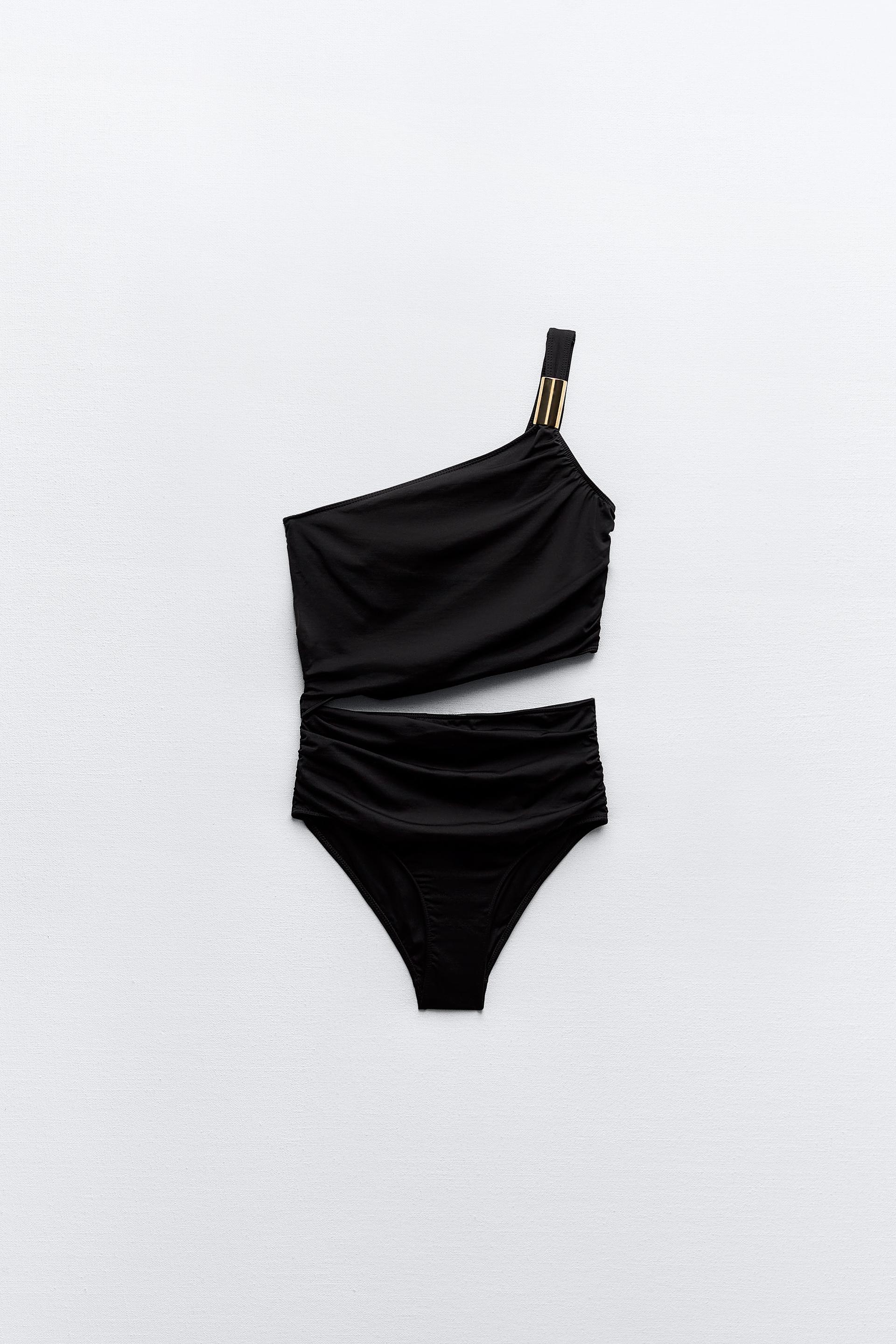 Купальник слитный Zara Asymmetric Draped, черный фото