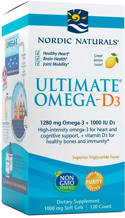 цена Nordic Naturals Ultimate Omega D3 1280 mg Lemon Омега-3 жирные кислоты с витамином D3, 120 шт.