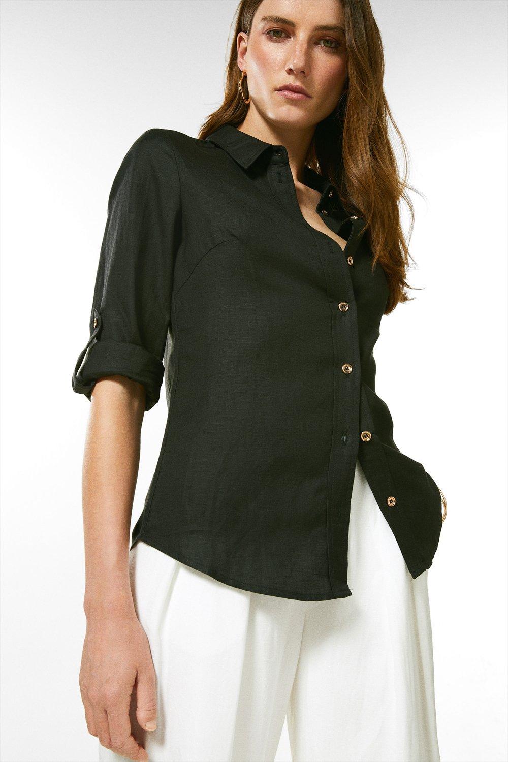 Рубашка с пуговицами из вискозы и льна Karen Millen, черный пляжная рубашка из вискозы с принтом tile karen millen мультиколор