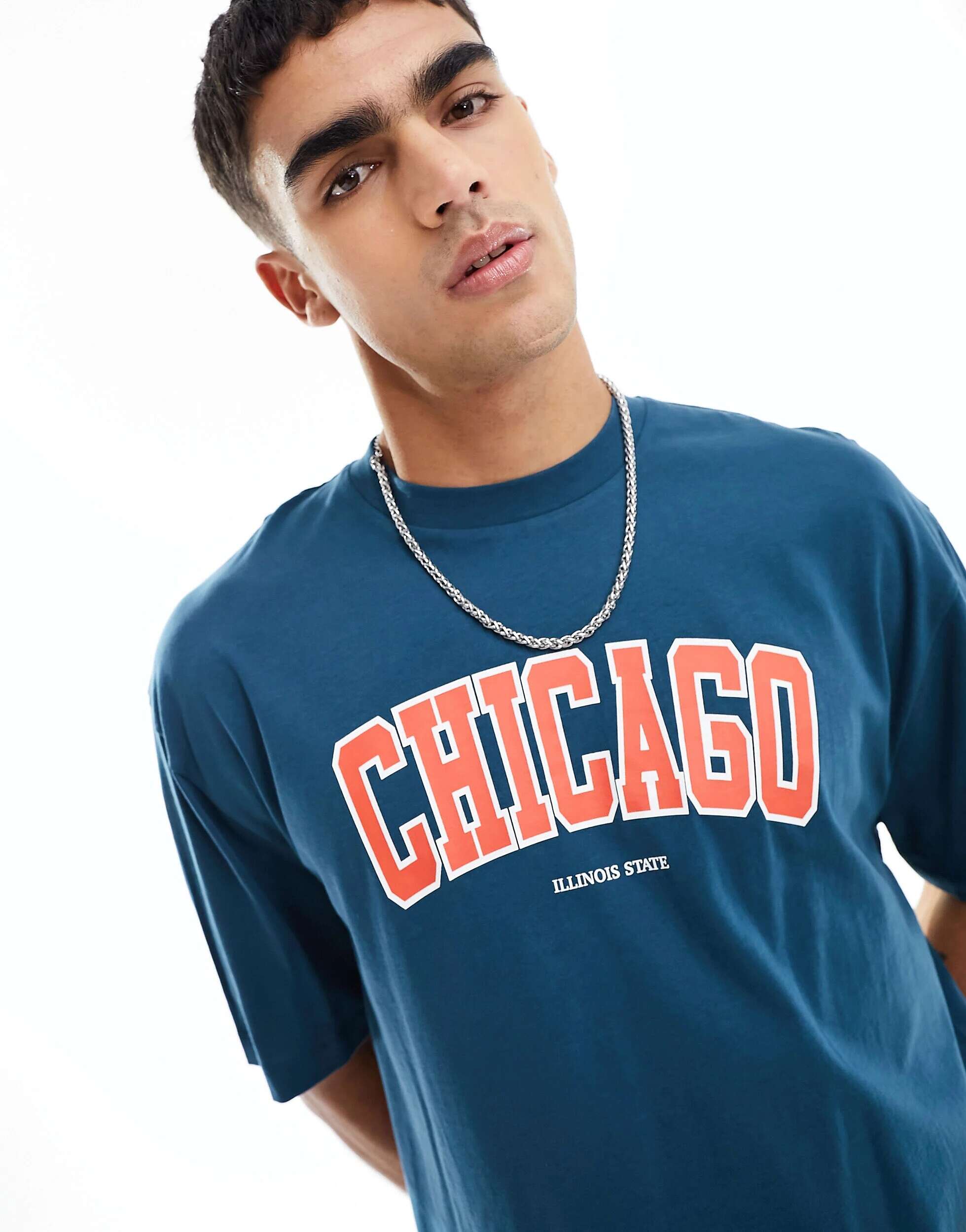Синяя оверсайз-футболка ASOS с принтом города Чикаго