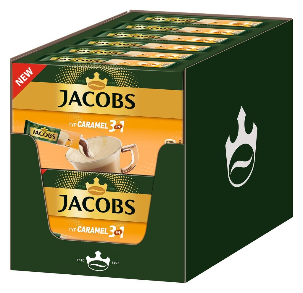 

Упаковка растворимого кофе JACOBS типа 3в1 с карамелью из 12 палочек для напитков размером 12 x 10 шт.