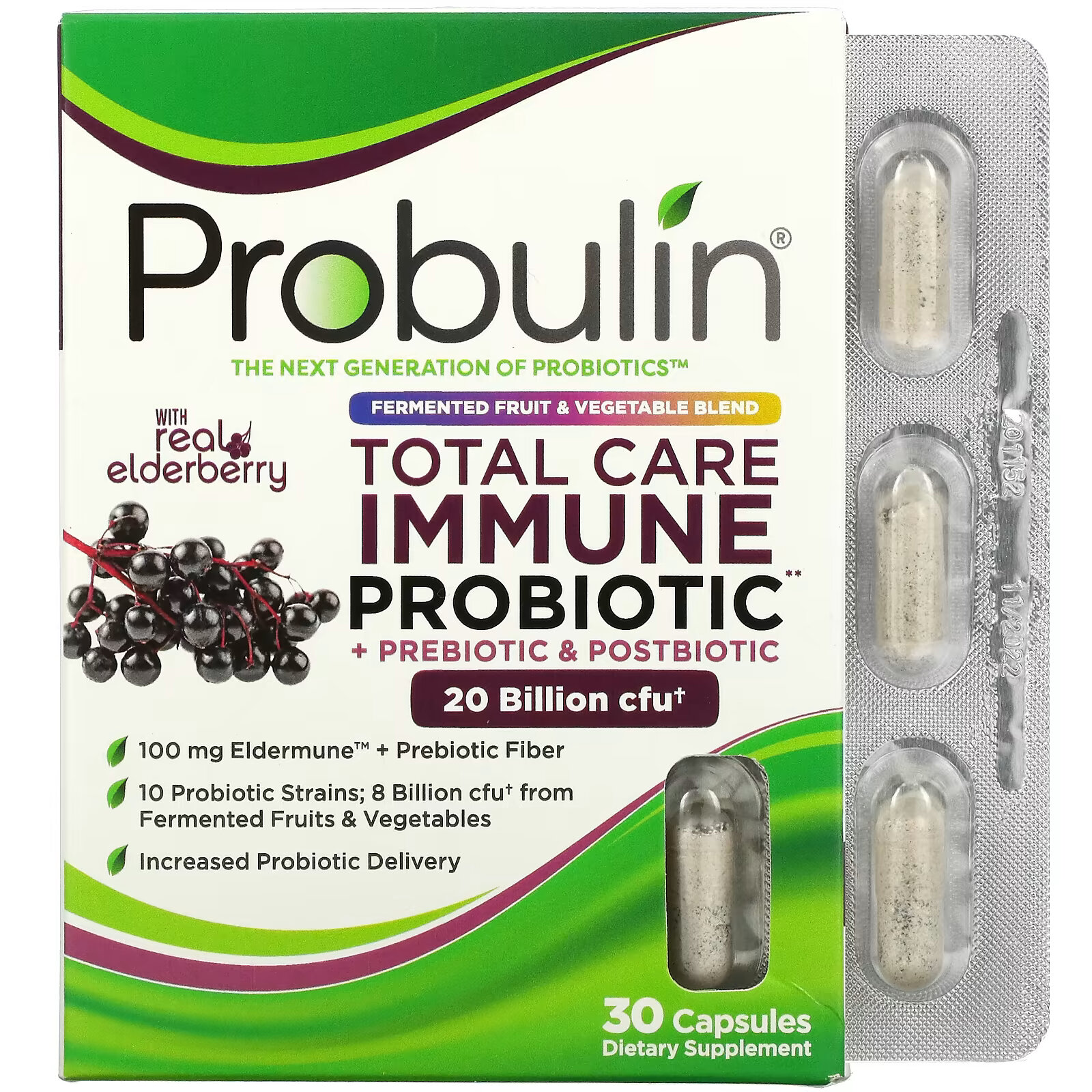 цена Probulin, универсальная добавка для укрепления иммунитета, пробиотики, пребиотики и постбиотики с натуральной бузиной, 20 млрд КОЕ, 30 капсул
