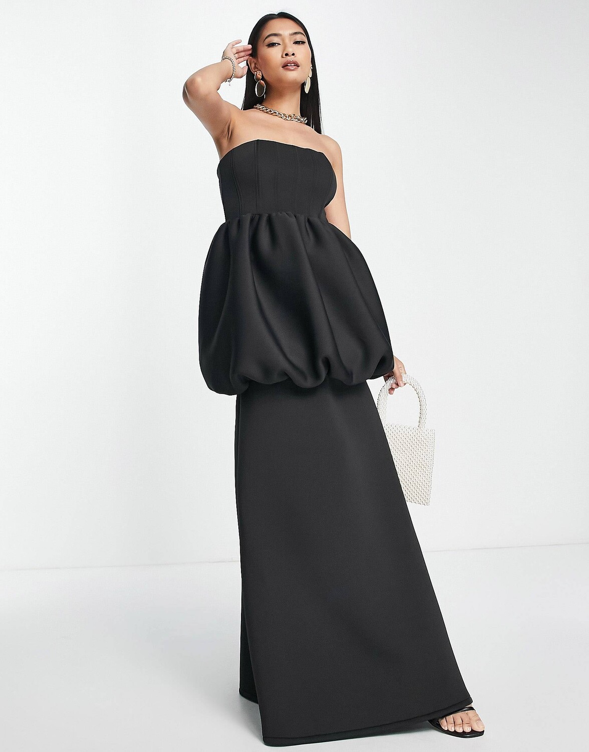 

Черное платье макси с пузырьками ASOS DESIGN Bardot