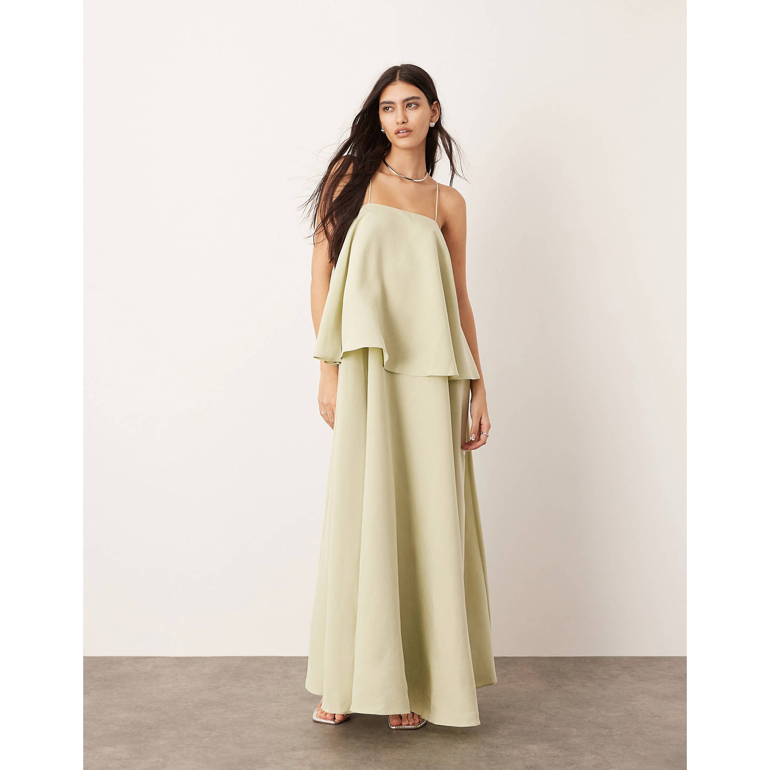 цена Платье Asos Edition Strappy Square Neck Maxi With Dramatic Drape Detail, зеленый