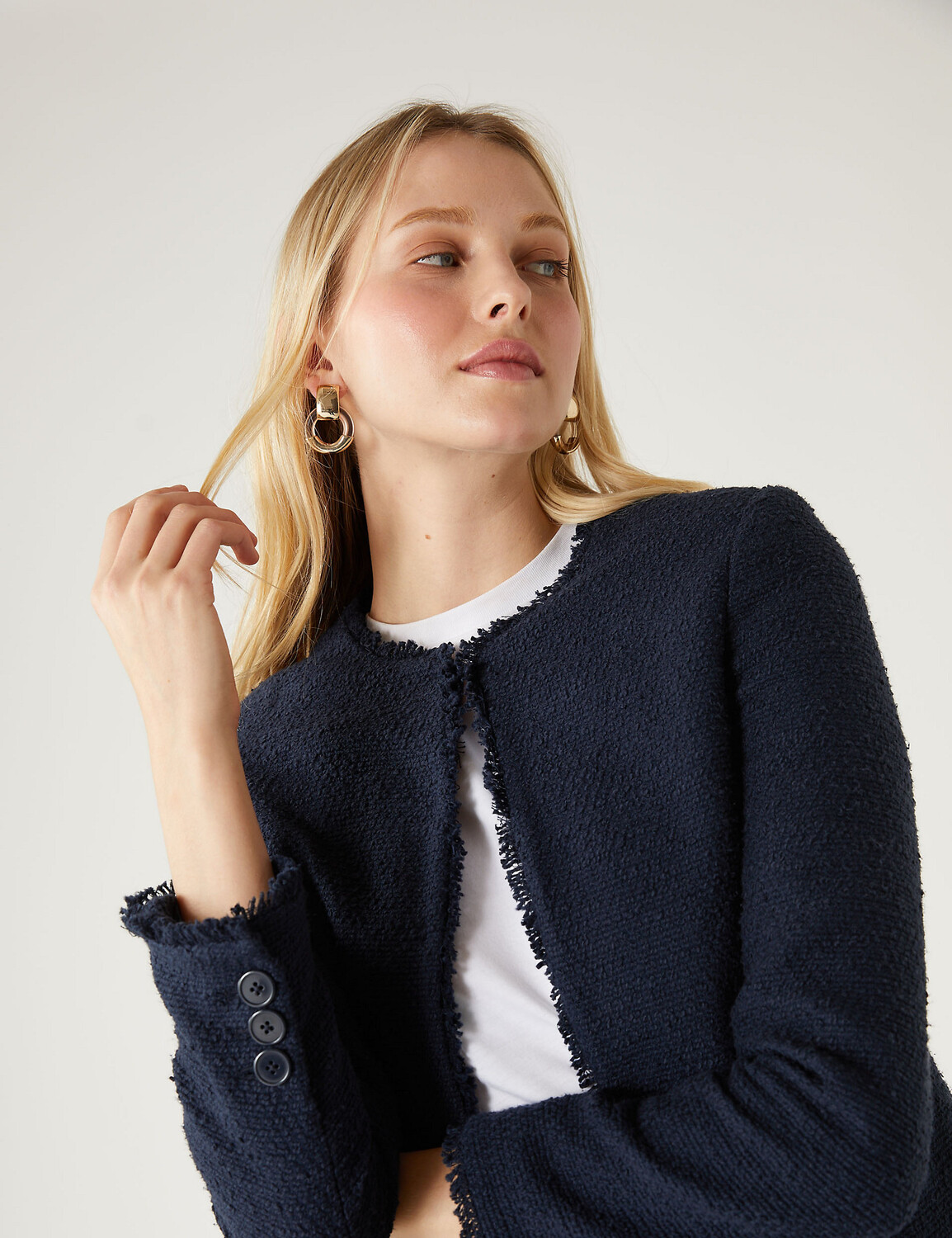 

Короткая куртка без воротника из чистого хлопка из твида Marks & Spencer