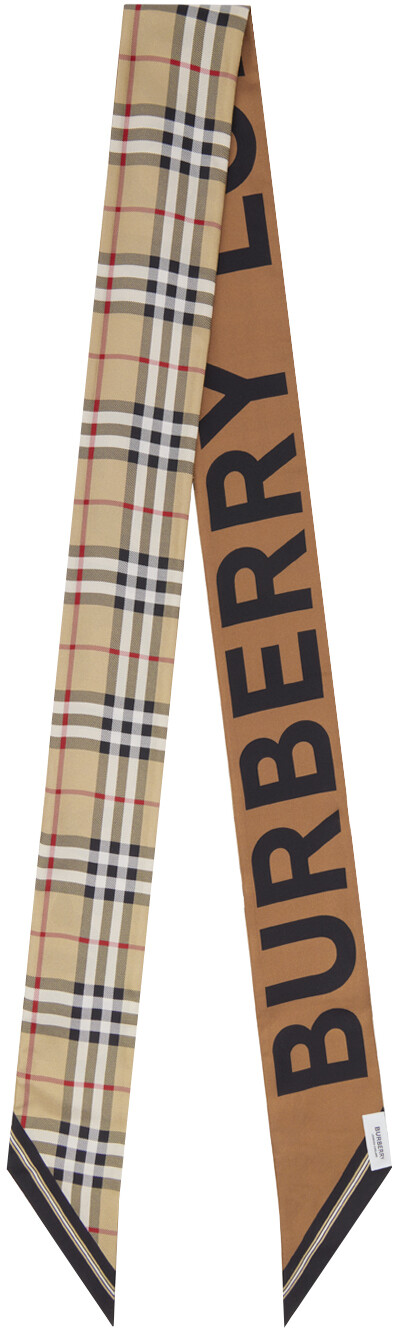 

Бежевый шарф скинни в винтажную клетку и с принтом Burberry
