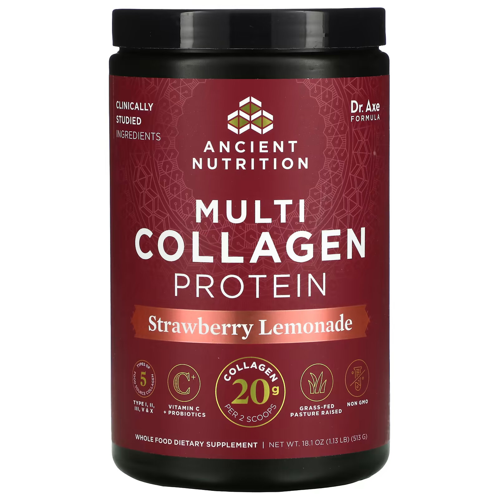 Dr. Axe / Ancient Nutrition, Multi Collagen Protein, Strawberry Lemonade, 1.18 lbs (535.5 g) dr axe ancient nutrition multi collagen protein strawberry lemonade 1 18 lbs 535 5 g