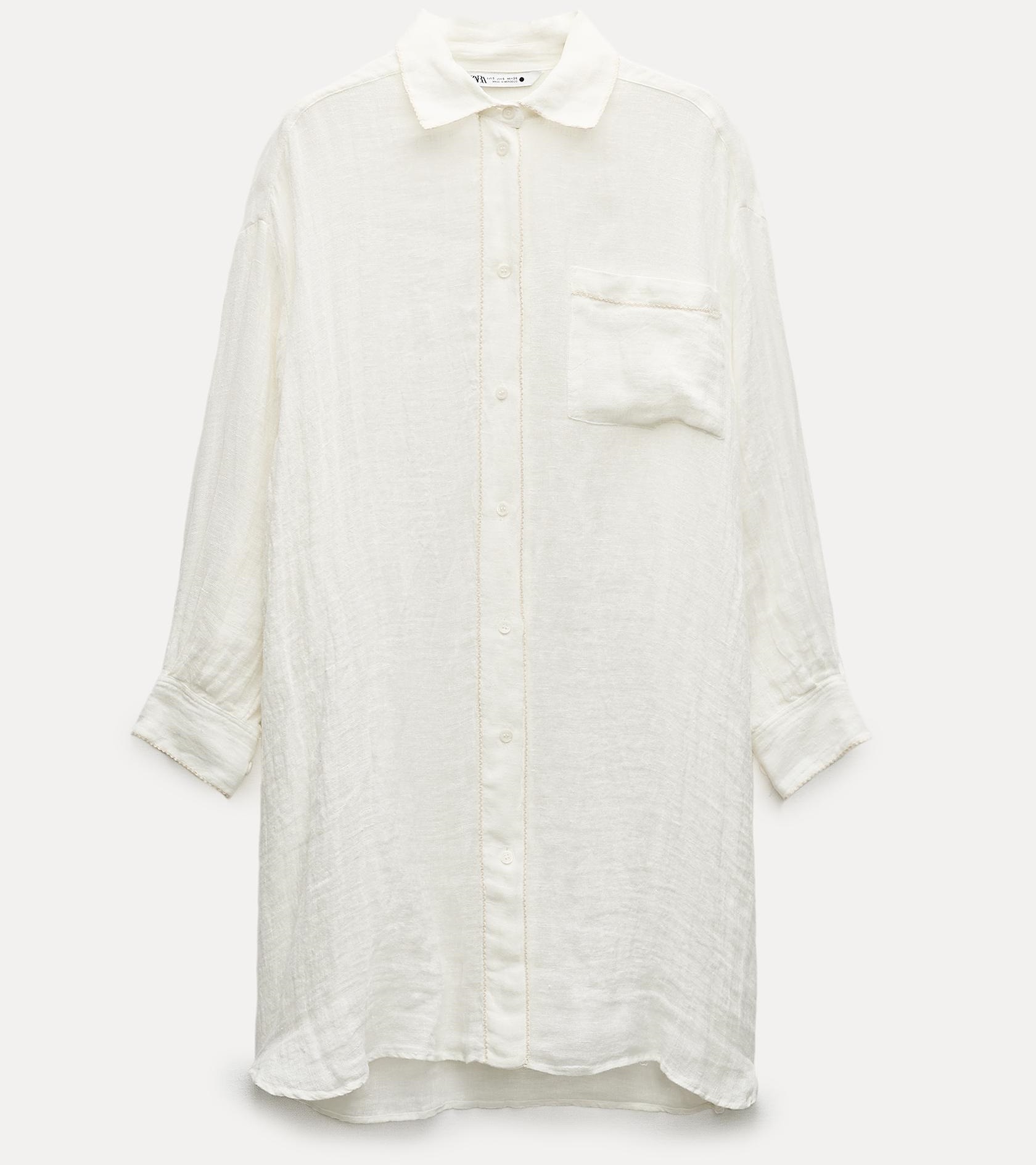 Рубашка Zara Zw Collection Long Linen Blend, белый рубашка zara zw collection long poplin белый