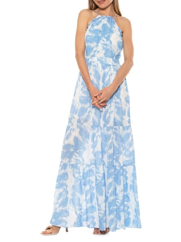 

Платье макси kira с рюшами и бретелью через шею Alexia Admor Blue tie dye