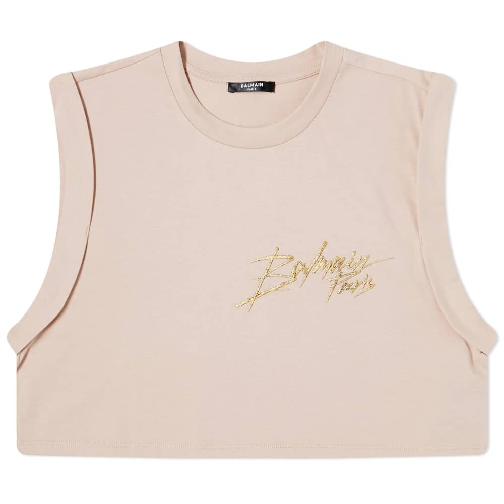 

Укороченная майка с фольгированным логотипом Signature Balmain