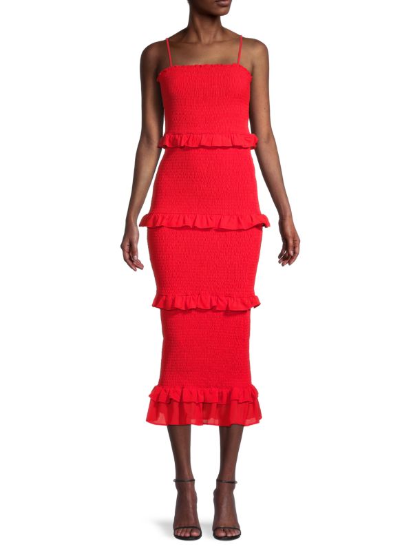 Присборенное облегающее платье с оборками Bebe Red